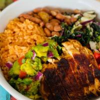 Chicken · Chargrilled chicken, Mexican rice, cabbage-kale mix, pinto beans, with salsa verde, fresh gu...