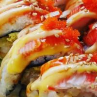 American Dream Roll · Shrimp tempura, avocado, cucumber, cream cheese on top with crab meat, eel sauce, spicy mayo...
