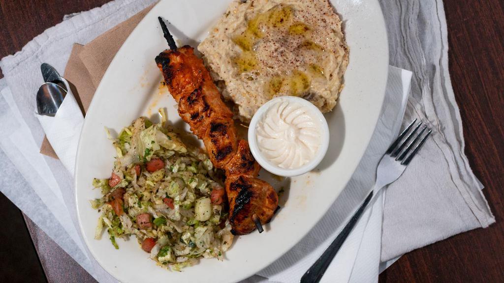 Kabob Skewer Lunch Special · Your choice of any one (1) skewer of our Kabob, Chicken/Lamb/Kafta Beef/Shrimp/Steak
Served with two sides of your choice:
Rice or Potatoes/Onions
Salad or Tabouli
Hummus or Baba Ghanouj (eggplant dip)