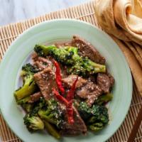 Broccoli Beef · Classic, tender sliced beef and tender broccoli stir fried in a soy, sesame, ginger and garl...
