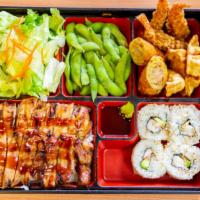 F-2. Bento B · California roll(4pcs)/Chicken teriyaki/Salad/Shrimp(3)/Egg roll(1)/rice/Gyoza(3)/Edamame.