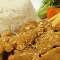 Rama Chicken. · Grilled marinated chicken breast, topped with homemade peanut sauce. Served with steamed veg...