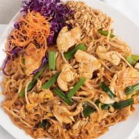 Pad Thai. · Most famous of thai noodle stir fried with choice of protein, egg. Green onions and bean spr...
