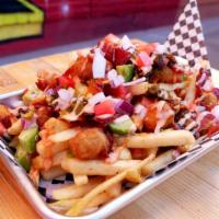 Dirty Fries · A big pile of crispy fries loaded with avocado, bacon, special sauce, green chile, red onion...