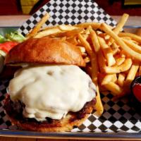 Pub Burger · Juicy beef patty, red door blonde ale braised onions, garlic aioli, provolone on a toasted b...