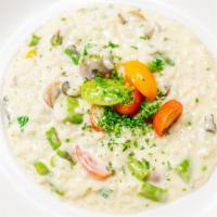 Asparagus & Cheese Risotto · Arborio rice, asparagus, heirloom cherry tomatoes, cheese blend.