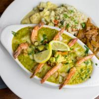 Sinaloa Shrimp Culichi · Gluten free. Grilled tail-on shrimp in a creamy poblano and garlic Verde sauce with queso ca...