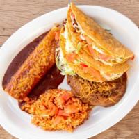 #1 Cheese Enchilada, 2 Beef Tacos · Served with rice & beans