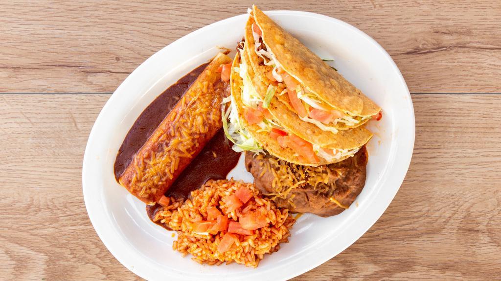 #1 Cheese Enchilada, 2 Beef Tacos · Served with rice & beans