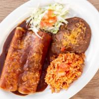 #2 Beef Enchilada, Cheese Enchilada · Served with rice & beans