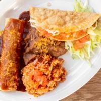 #3 Chicken Taco, Beef Enchilada · Served with rice & beans