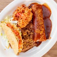 #4 Chicken Enchilada, Beef Taco · Served with rice & beans