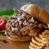 Bbq Fried Chicken Sandwich · Fried Chicken, Coleslaw, and a side of Bruce's bbq Sauce.