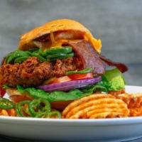 Jalepeno Bacon Cheddar Fried Chicken Sandwich · Mary's Fried Chicken Sandwich with Tillamook Cheddar, Bacon, and Grilled Jalapenos
