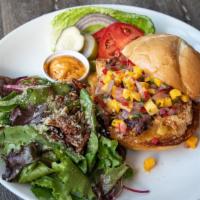 Mango Cheddar Grilled Chicken Sandwich · Grilled Chicken with Crispy Cheddar and Mango Salsa.  Chipotle aioli on the side
