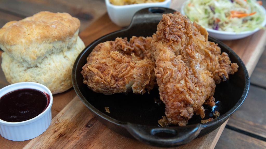 Buttermilk Fried Chicken Plate · Comes with mac and cheese, buttermilk biscuit, and coleslaw.