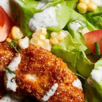 Blue Cheese Ranch Salad With Fried Chicken · Chopped Romaine Salad with blue cheese ranch Grape Tomatoes and Buttermilk Fried Chicken