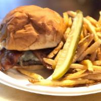 Pigfish Burger With Fries · Our most popular burger: Sharp white cheddar, bacon, house aioli.