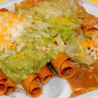 5 Rolled Chicken Tacos Combo · Lettuce, cheese, sour cream, guacamole, rice, and beans.