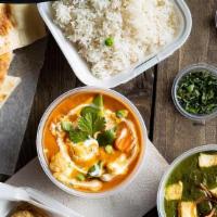 Veg Curry Combo Value Pack · Choice of Veg curries with selected options with Basmati Rice, 2 Butter Naans & 2 Veg Samosas