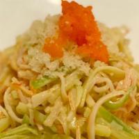 Kani Salad · Spicy. Crab meat, cucumber, tobiko, spicy mayo topped with tempura crunch