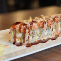 Texas Roll · Raw. Spicy. Shrimp tempura, cream cheese, avocado inside topped with spicy tuna, crab meat, ...