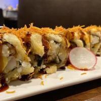 Dragon Roll · Eel, cucumber inside topped with sliced avocado served with eel sauce