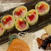 Naruto Special (No Rice) · Spicy. Thinly slice cucumber wrapped with tuna, salmon, yellowtail, crab meat, avocado, masago