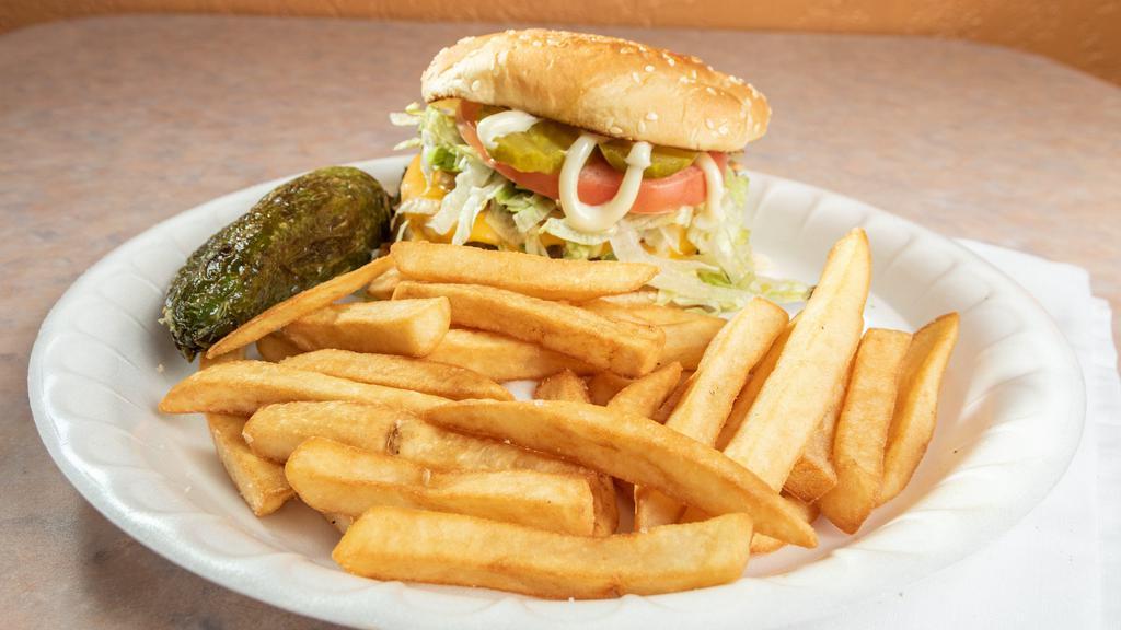 Loretos Burger · Double patty with double cheese and bacon. lettuce, tomato and pickles. with fries and drink.