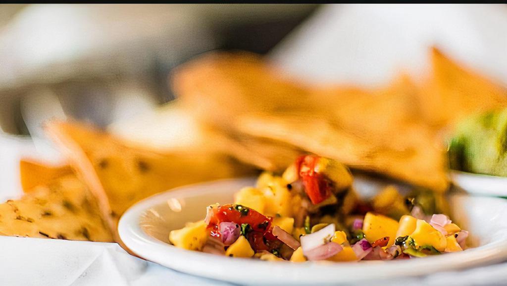 Guacamole Chips Salsa & Poblano · Herbed flour tortilla chips fried to crunchy deliciousness. Served with  our sweet n’ slightly spicy, mango salsa and  fresh made guacamole