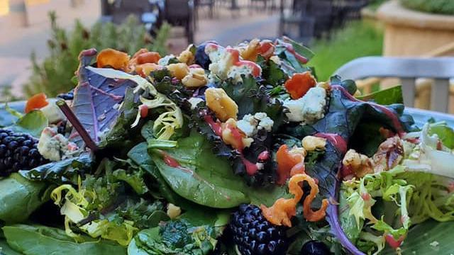 Triple Berry Salad · Grilled chicken served on a bed of fresh spinach and mixed greens, blackberries, blueberries, topped with bleu cheese crumbles, bacon bits and walnuts. Tossed with our Raspberry Vinaigrette 14