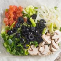 Garden Salad · Garden salad is served with black olives, green peppers, mushrooms, onions, romaine lettuce,...