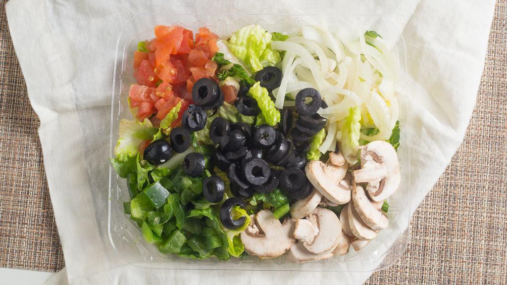 Garden Salad · Garden salad is served with black olives, green peppers, mushrooms, onions, romaine lettuce, tomatoes.