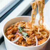 Satay Noodle · seasoned noodle with homemade peanut sauce and  steamed blended veggies served with choice o...