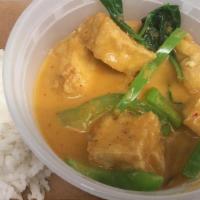 Panang Curry · Creamy panang curry with coconut milk, lime leaves, bell peppers, and sweet basil with choic...