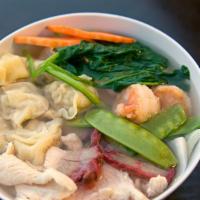 Wonton Soup · Chicken wontons with vegetables chicken bbq pork and shrimp served in a light house broth.