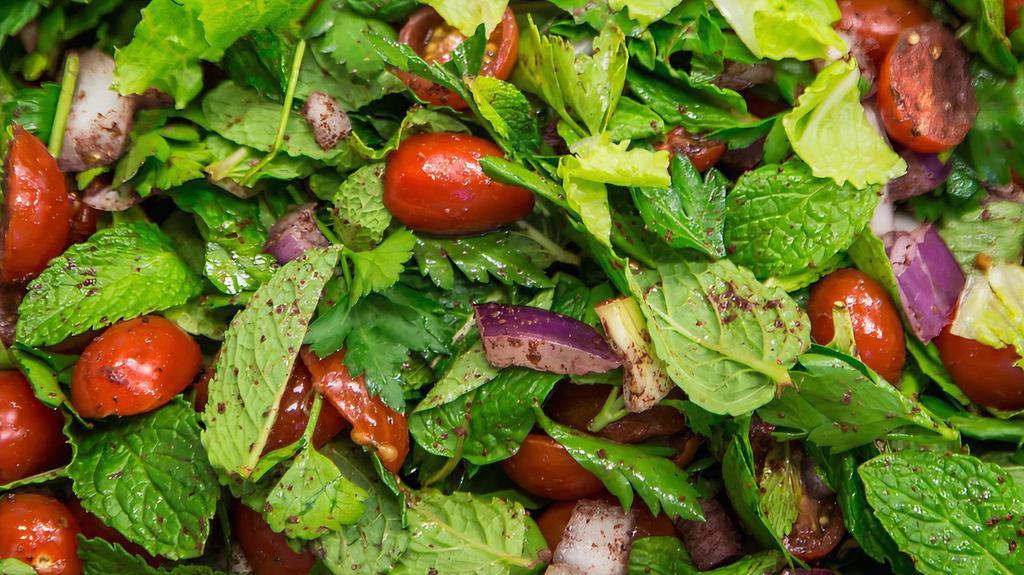 Fattoush Salad · Fresh romaine, pomegranate, cucumbers, radishes, peppers, onions, mint, parsley with sumac, lemon olive oil dressing with toasted pita chips.