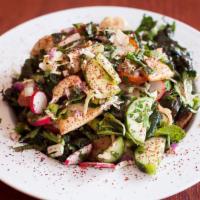 Fattoush Salad · Local and organic produce. Local romaine, diced cucumbers, tomatoes, onions, parsley, green ...