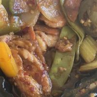 Jalapeno Chicken (Hot & Spicy) · Stir fried chicken with mixed vegetables and jalapenos .