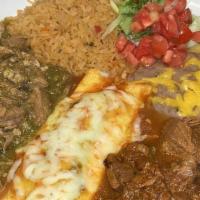 Los Tres Chiles · A combination of chile Verde, chile Colorado, and chile relleno. Served with rice, beans, an...