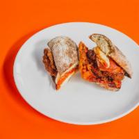 Crispy Chicken Sandwich · Ciabatta, crispy chicken, pepperoni, mozzarella, marinara, smoked balsamic