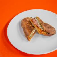 Pesto Sandwich · Ciabatta, house-made ham, mozzarella, basil pesto, sundried tomato pesto, smoked balsamic
