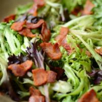 Crispy Bacon Mixed Green · Crispy Bacon, Mixed green lettuce, Tomato,Jack cheese and Cucumber.  Croutons and balsamic v...