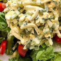 Egg Salad Mixed Green · Egg Salad , Mixed green lettuce, Tomato,Jack cheese and Cucumber.  Croutons and balsamic vin...
