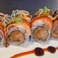 Spicy Girl Roll · Spicy crabmeat & spicy salmon inside, eel shrimp,fresh tuna, smoked salmon,and crunchy,tobik...