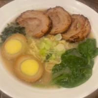 Japanese Ramen · topping with seasoning egg ,Bamboo shoot ,wakame ,scallion ,fish cake and spinach in homemad...