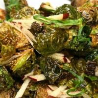 Fried Brussels Sprouts · Vegan, gluten free, vegetarian. Organic. Lightly fried and served with apples, pistachios, a...