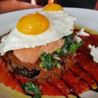 Eggplant Florentine · Again one Ado's favorite, fried breaded eggplant, fresh goat cheese, creamy spinach, smoked ...