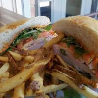 Turkey Or Chicken Panini · Smoked turkey or grilled chicken, roasted red pepper pesto smoked Gouda cheese, baby spinach...