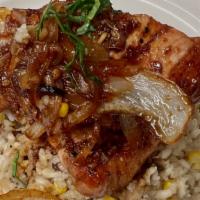 Grilled Pork Loin · One of Ado's favorite, grilled pork loins over sweet corn and mushrooms risotto, bourbon/gin...